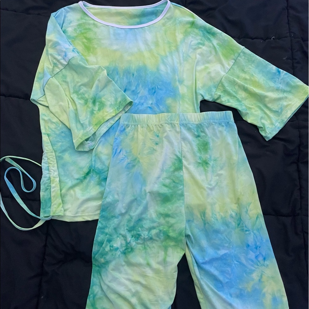 Blue and green biker short set